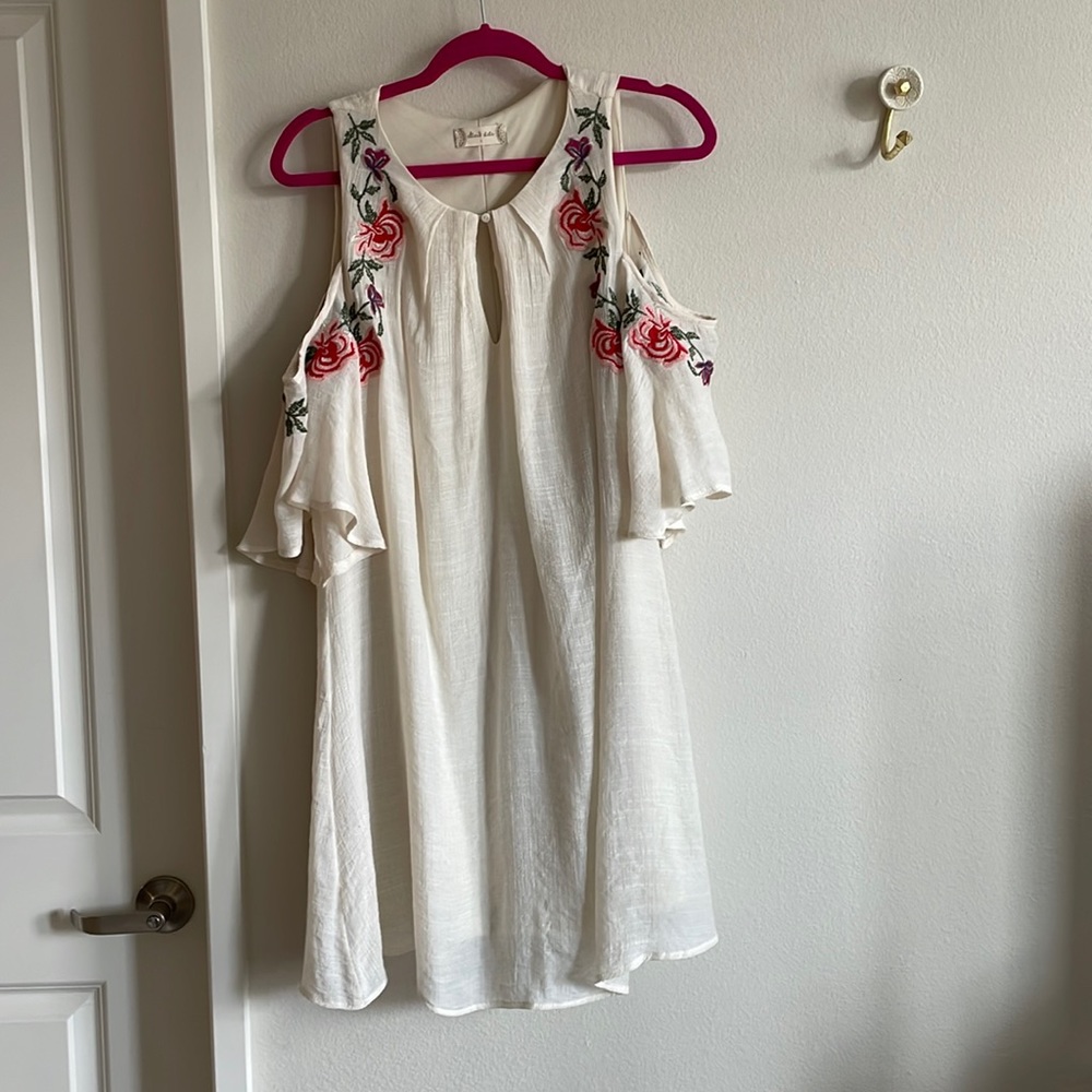 Alter’d State Beige Large Open Shoulder Dress with Floral Embroidery